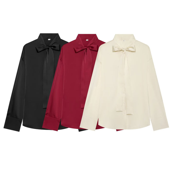 Women's Silk-like Blouse with Tie, Oversized Cut and Concealed Button Placket Amarae