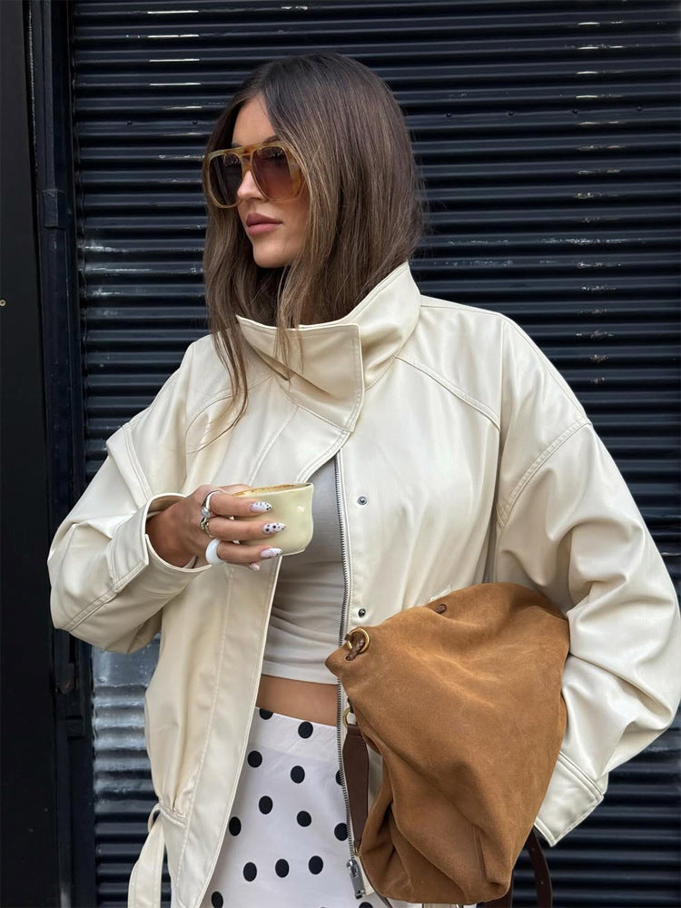Women Oversized Faux Leather Jacket with High Stand-Up Collar and Drawstring Amarae