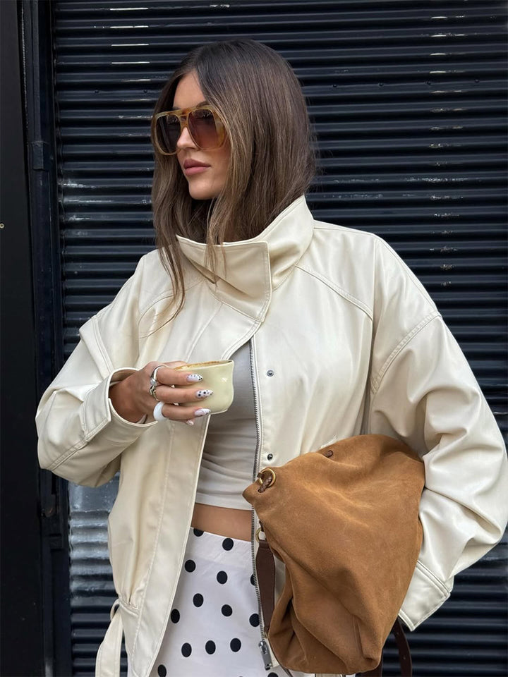 Women Oversized Faux Leather Jacket with High Stand-Up Collar and Drawstring Amarae