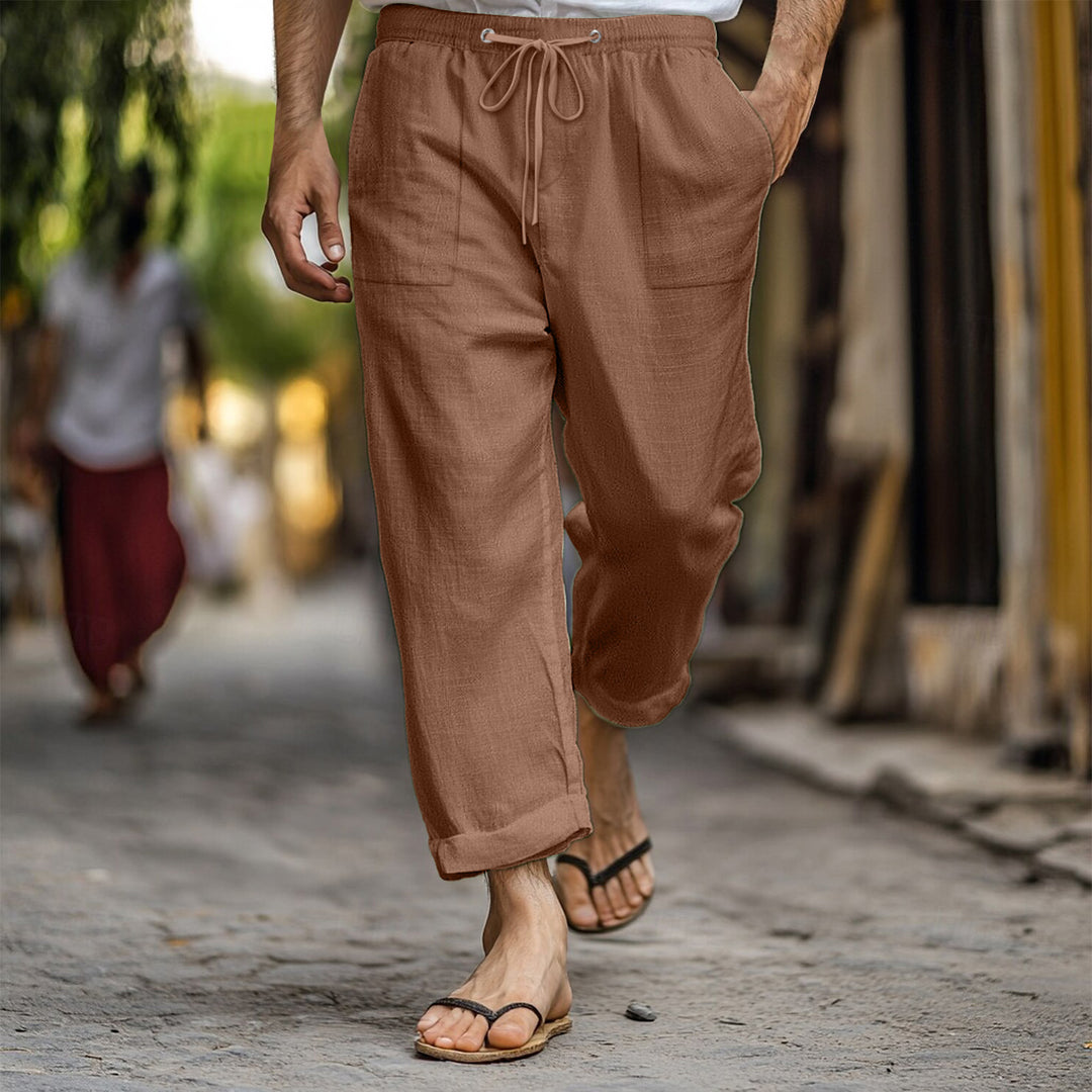 Casual and lightweight linen pants for men with elastic waist and practical side pockets Lune London