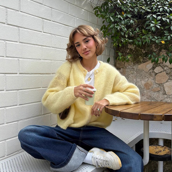 Women's Fluffy Short Jacket made of Mohair Mix with Round Neck and Boxy Silhouette Amarae