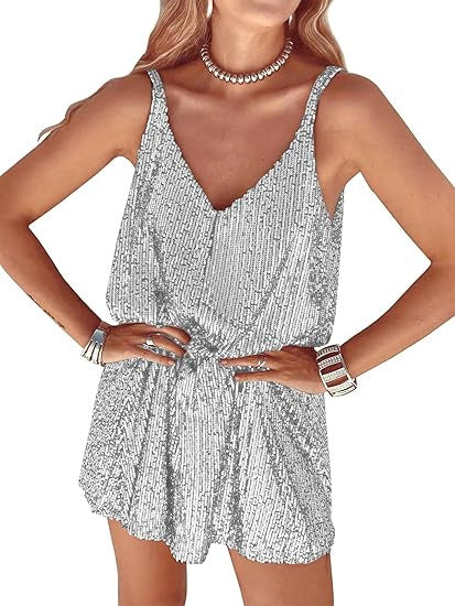 Women's Shimmering Jumpsuit with Deep V-Neck and Elastic Waist Lune London