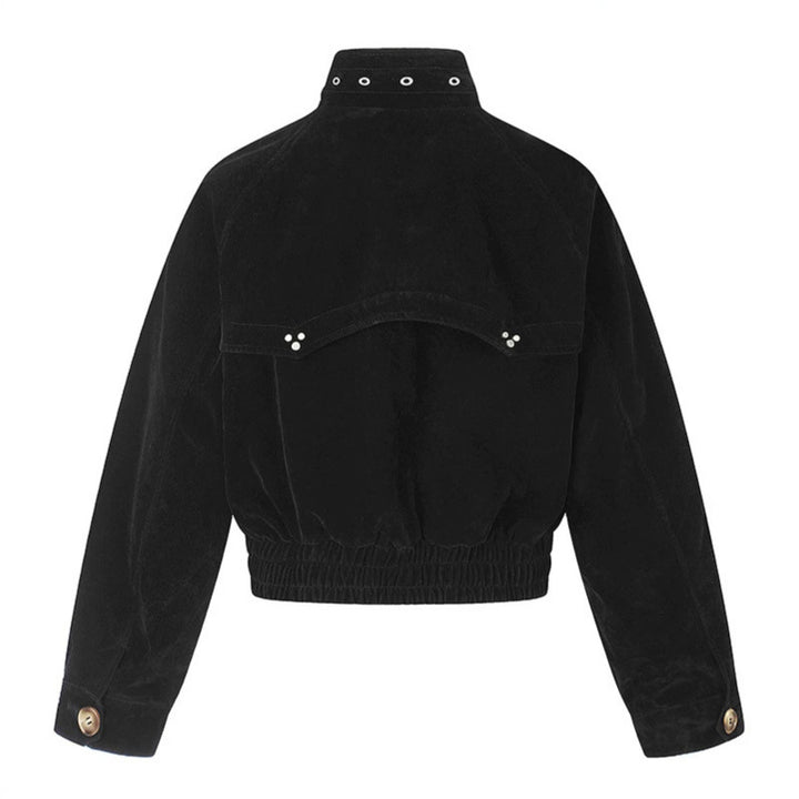 Women's short suede bomber jacket with high stand-up collar and metallic details Amarae