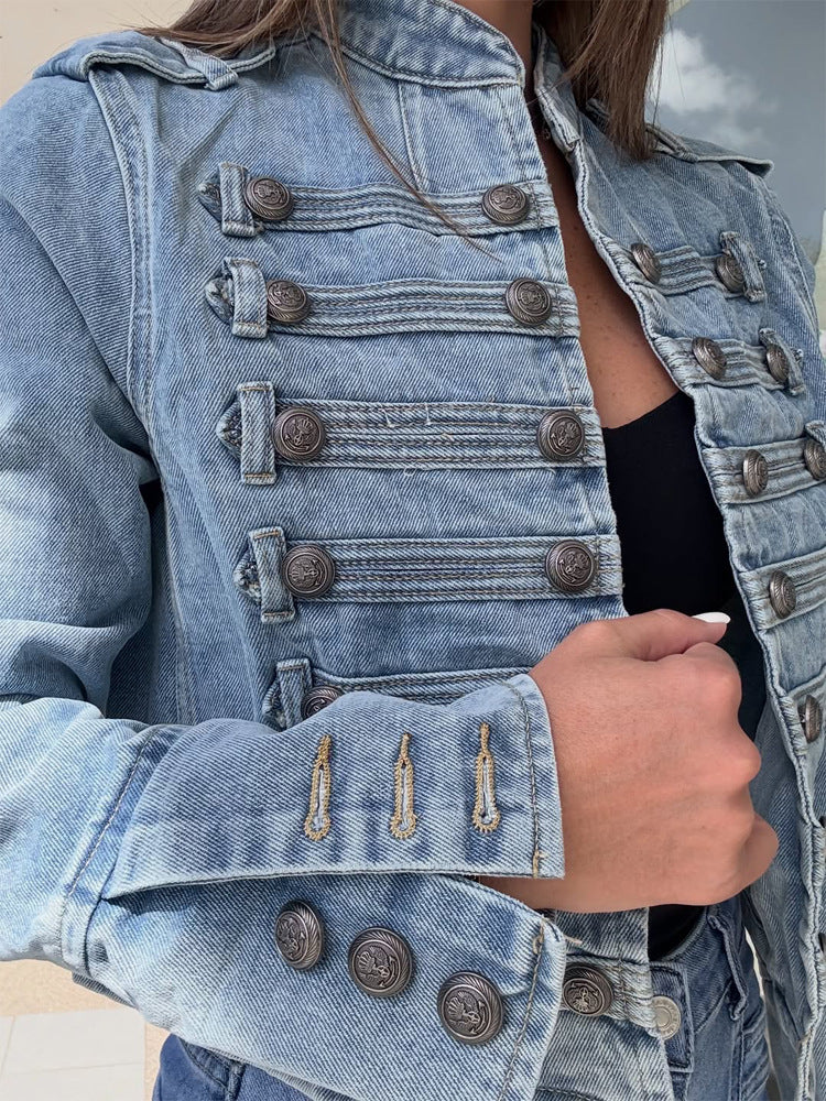 Women's short-cut denim jacket in military-inspired style with decorative button plackets Amarae