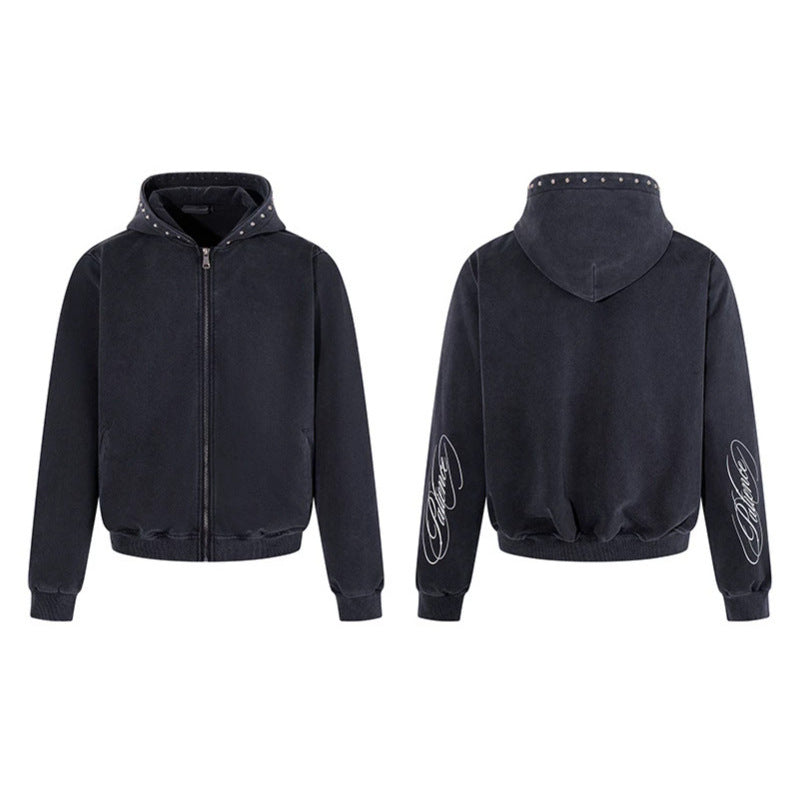 Men's Short Cut Zip Hooded Jacket made of Velour with Studded Hood Amarae