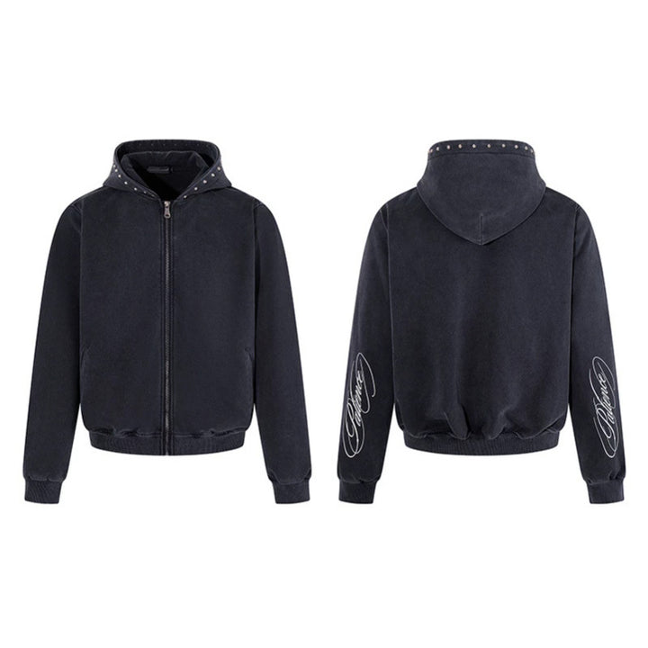 Men's Short Cut Zip Hooded Jacket made of Velour with Studded Hood Amarae