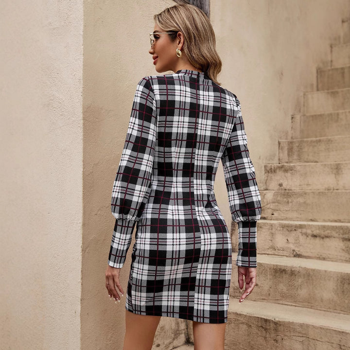 Fitted checkered dress for women with high collar and puffed sleeves Lune London
