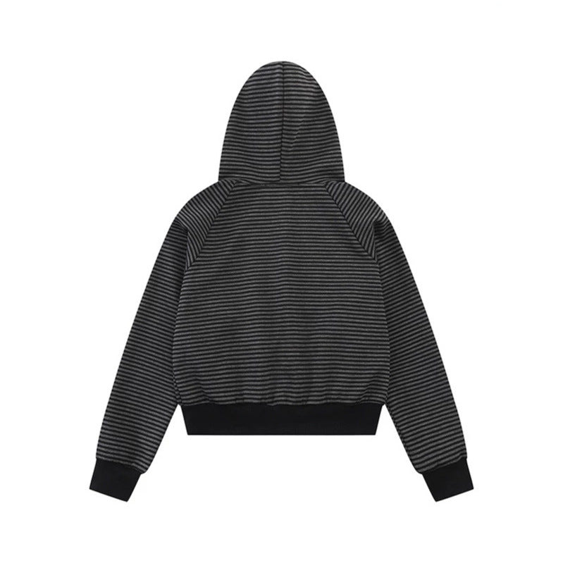 Women's striped hoodie sweatshirt jacket in navy look with double-breasted optics and front zipper Amarae