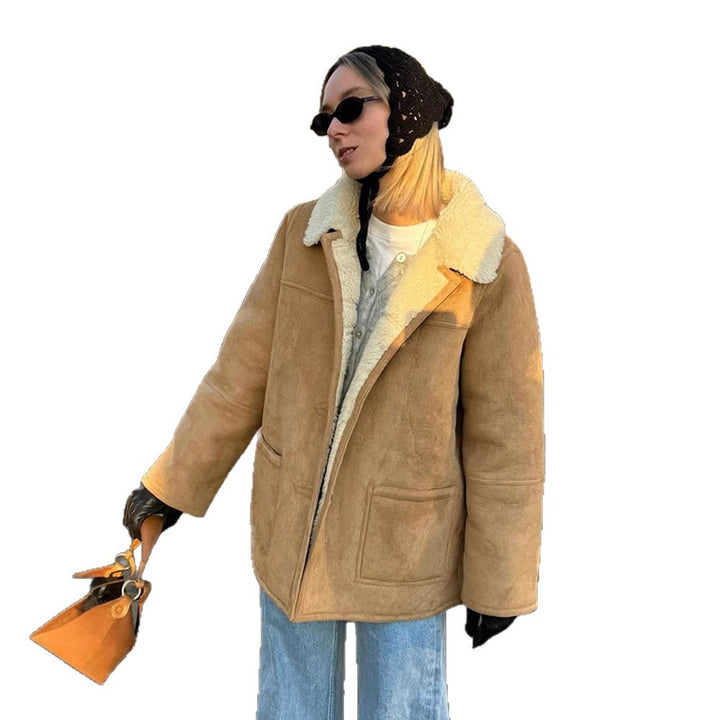 Women's Boxy Lambskin Look Coat with Folded Teddy Collar Amarae