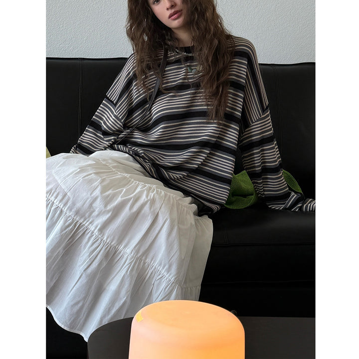 Women Striped Oversize Fine Knit Long Sleeve with Wide Round Neckline Amarae