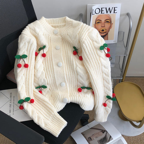 Women's chunky knit sweater with floral appliqués and button details Amarae
