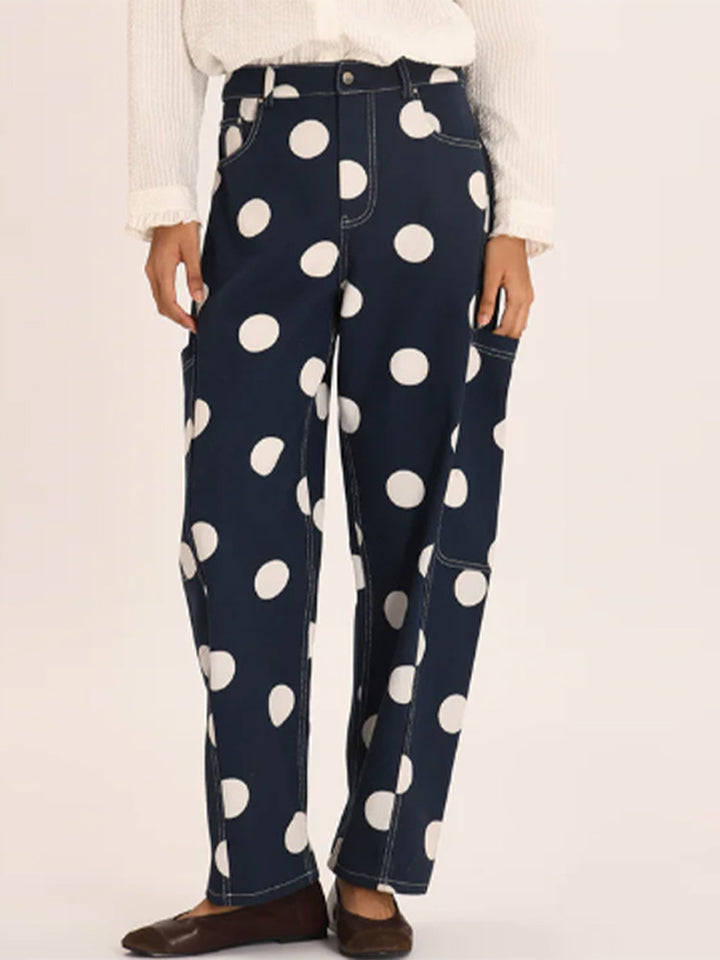 Women's wide cargo pants with high waist, polka dot print and visible contrast stitching Amarae