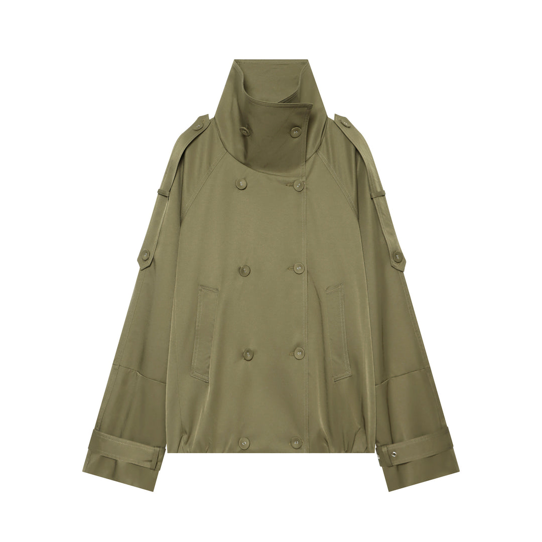 Women's Short Cape Trench with High Funnel Collar and Adjustable Sleeve Straps Amarae