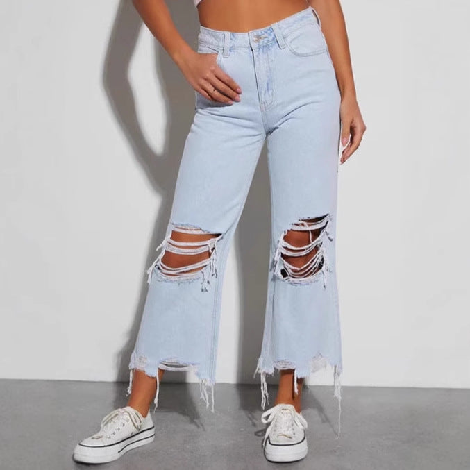 Ladies casual boyfriend jeans with eye-catching destroyed details and wide leg Lune London
