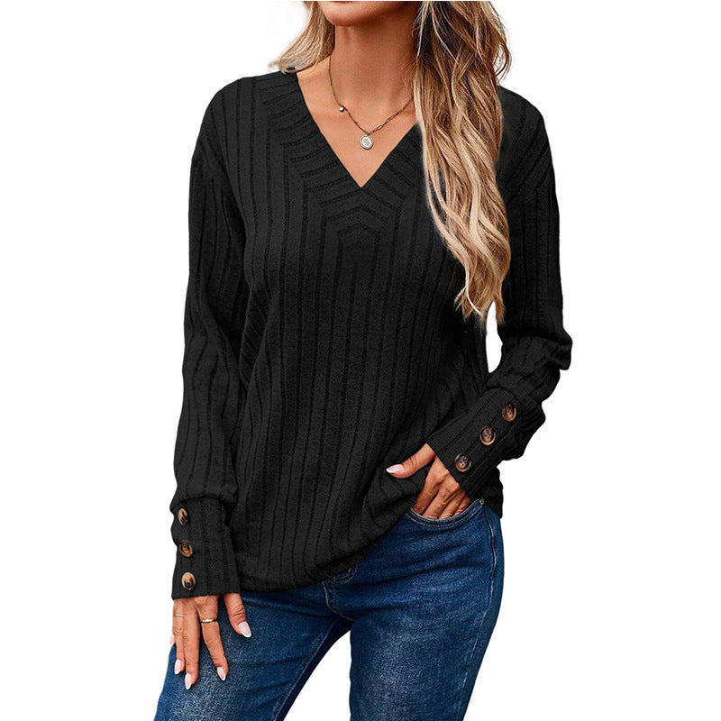 Women's Ribbed V-Neck Knit Sweater with Button Cuffs Amarae