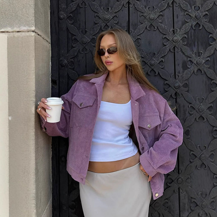 Women’s Oversize Cord Jacket in Cropped Cut with Flap Pockets and Boxy Silhouette Amarae
