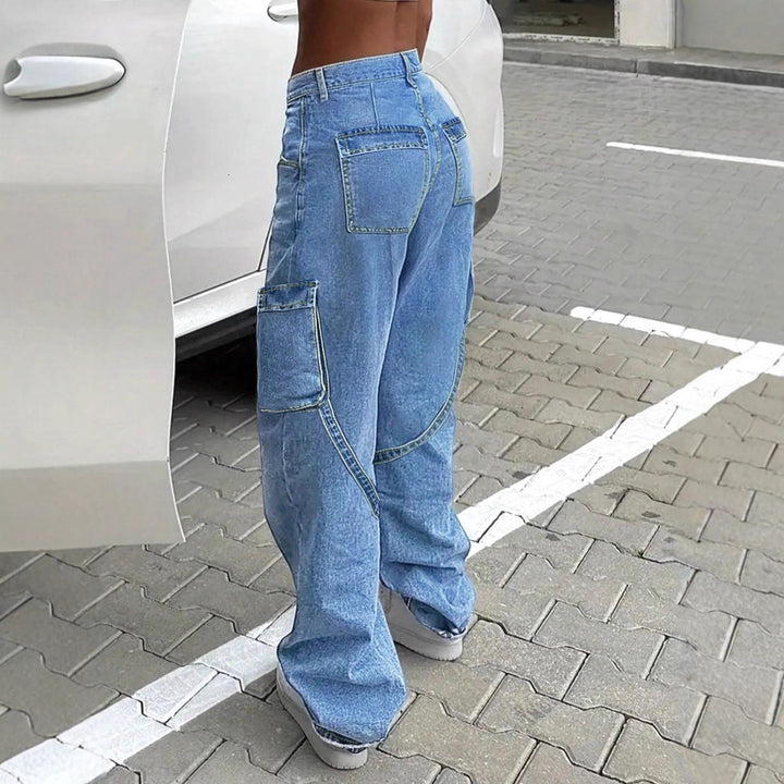 Women's Casual Baggy Cargo Jeans with Adjustable Straps and Flap Pockets Amarae