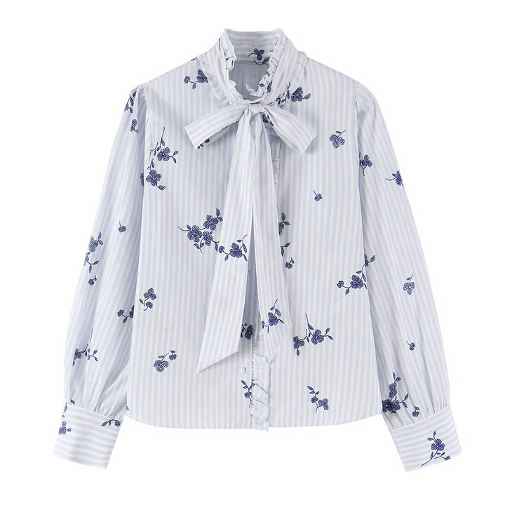 Women's sweater blouse with bow collar, ruffle yoke and floral embroidery Amarae