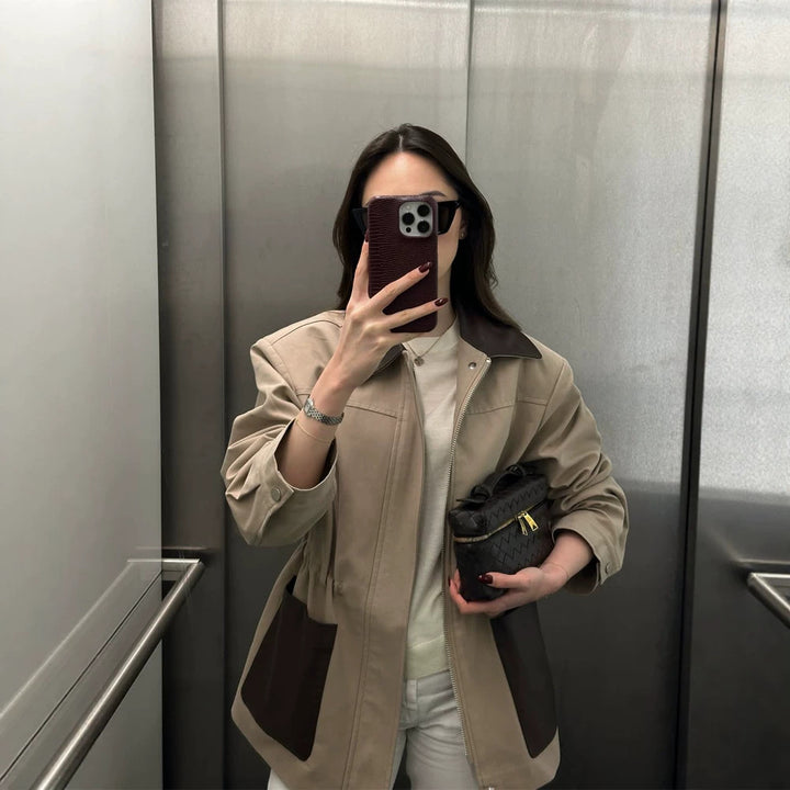 Women Boxy Field Jacket with contrast collar in leather look and appliqued pockets Amarae