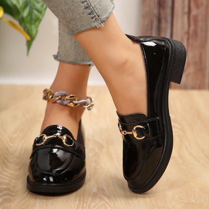 Ladies Patent Leather Platform Loafer with Gold Horsebit Detail and Low Block Heel Amarae
