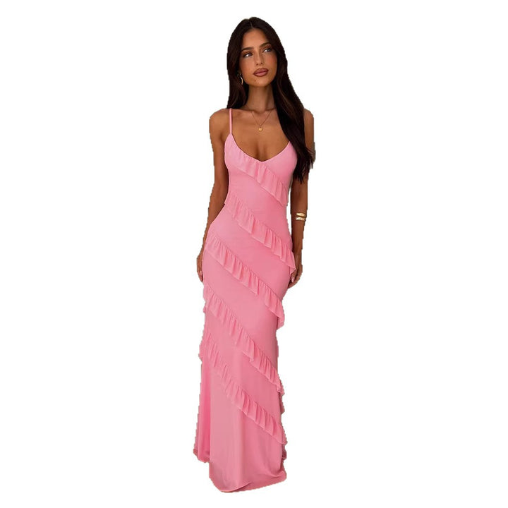 Women's maxi dress with elegant ruffle design and adjustable straps Lune London