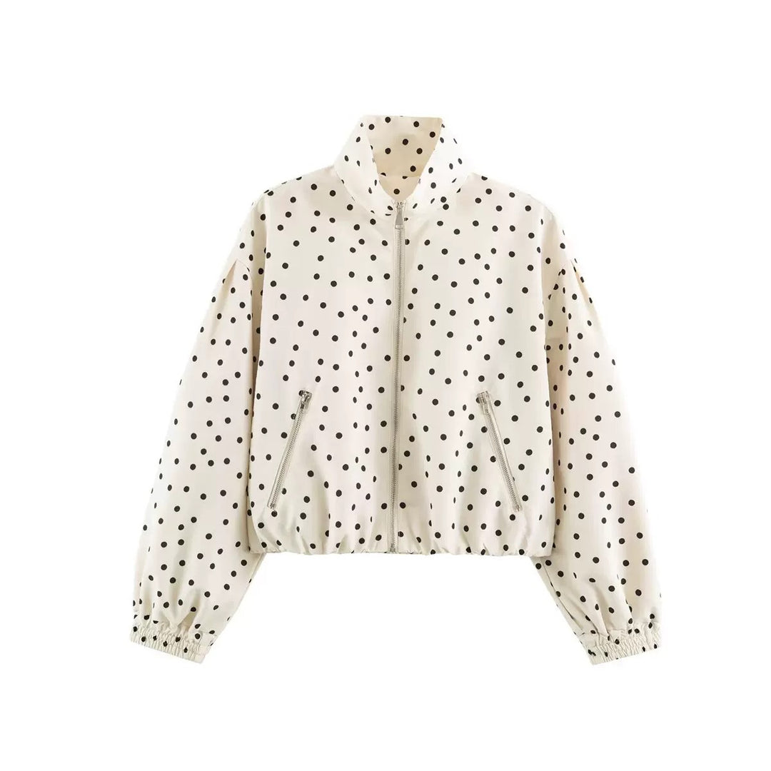 Women's Cropped Bomber Jacket with Stand Collar and Dot Pattern Amarae