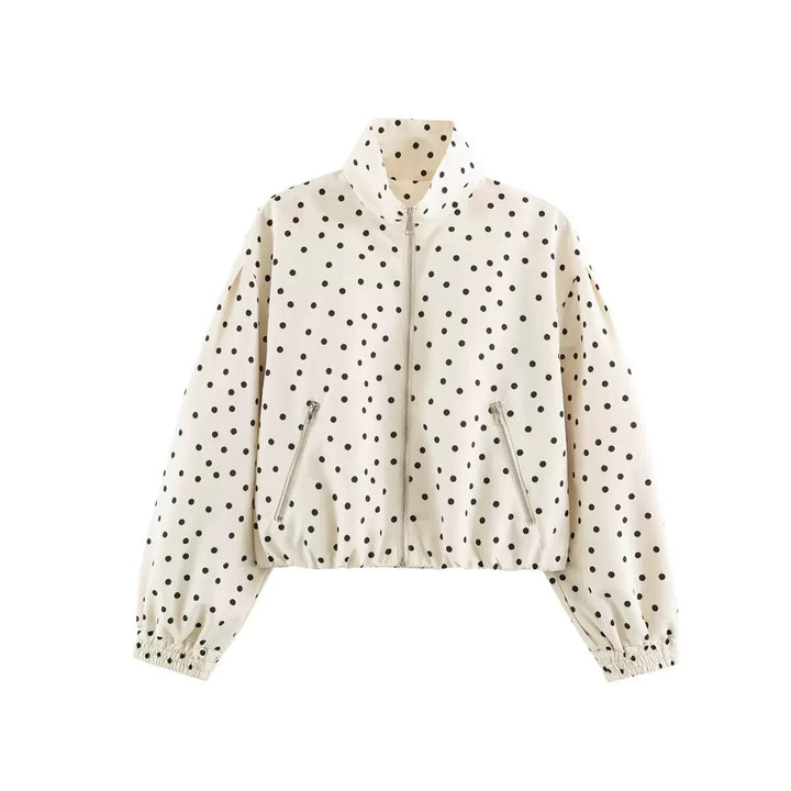 Women's Cropped Bomber Jacket with Stand Collar and Dot Pattern Amarae