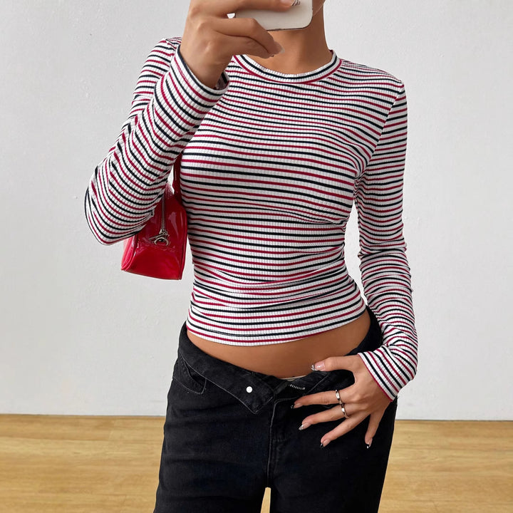 Women’s long sleeve striped ribbed texture top with round neck Lune London