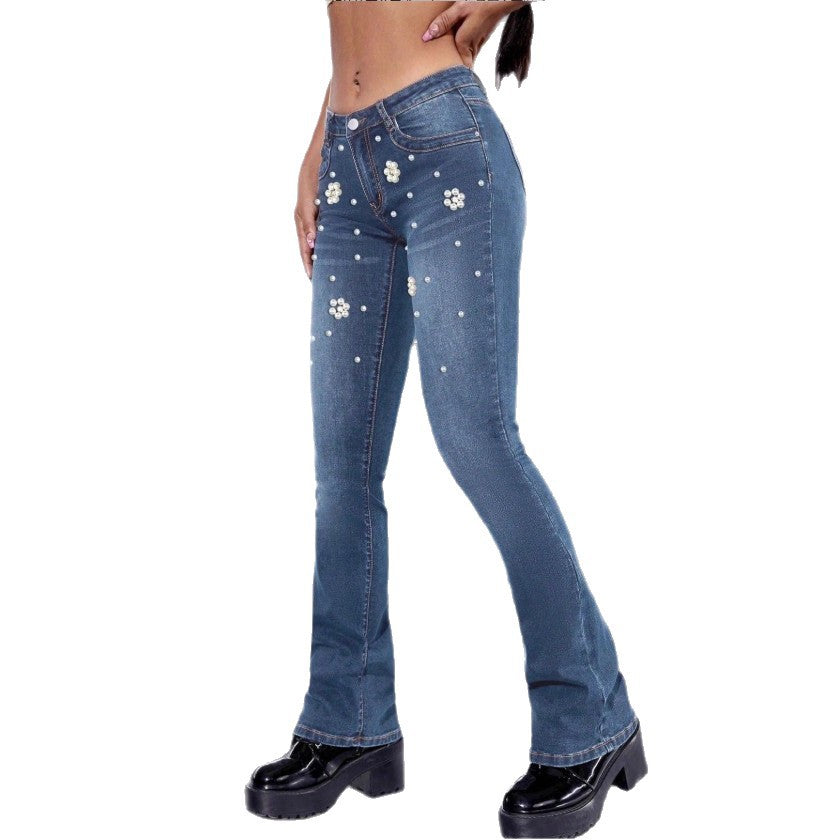 Women's slim bootcut jeans with pearl and flower appliqués Amarae