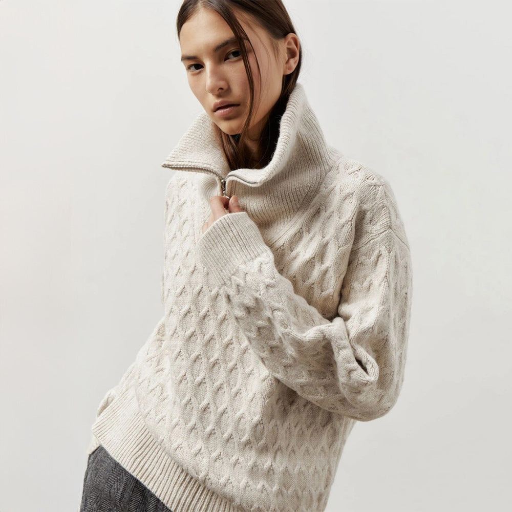 Women Knitted Patterned Sweater with High Collar and Half-Zip Lune London