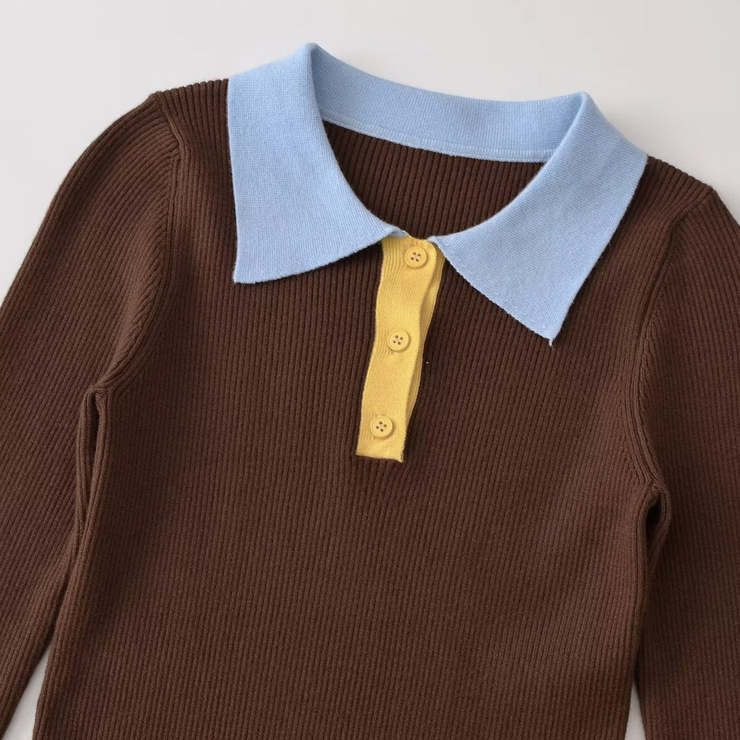 Women's figure-hugging ribbed knit sweater with polo collar, button placket, and color block details Amarae