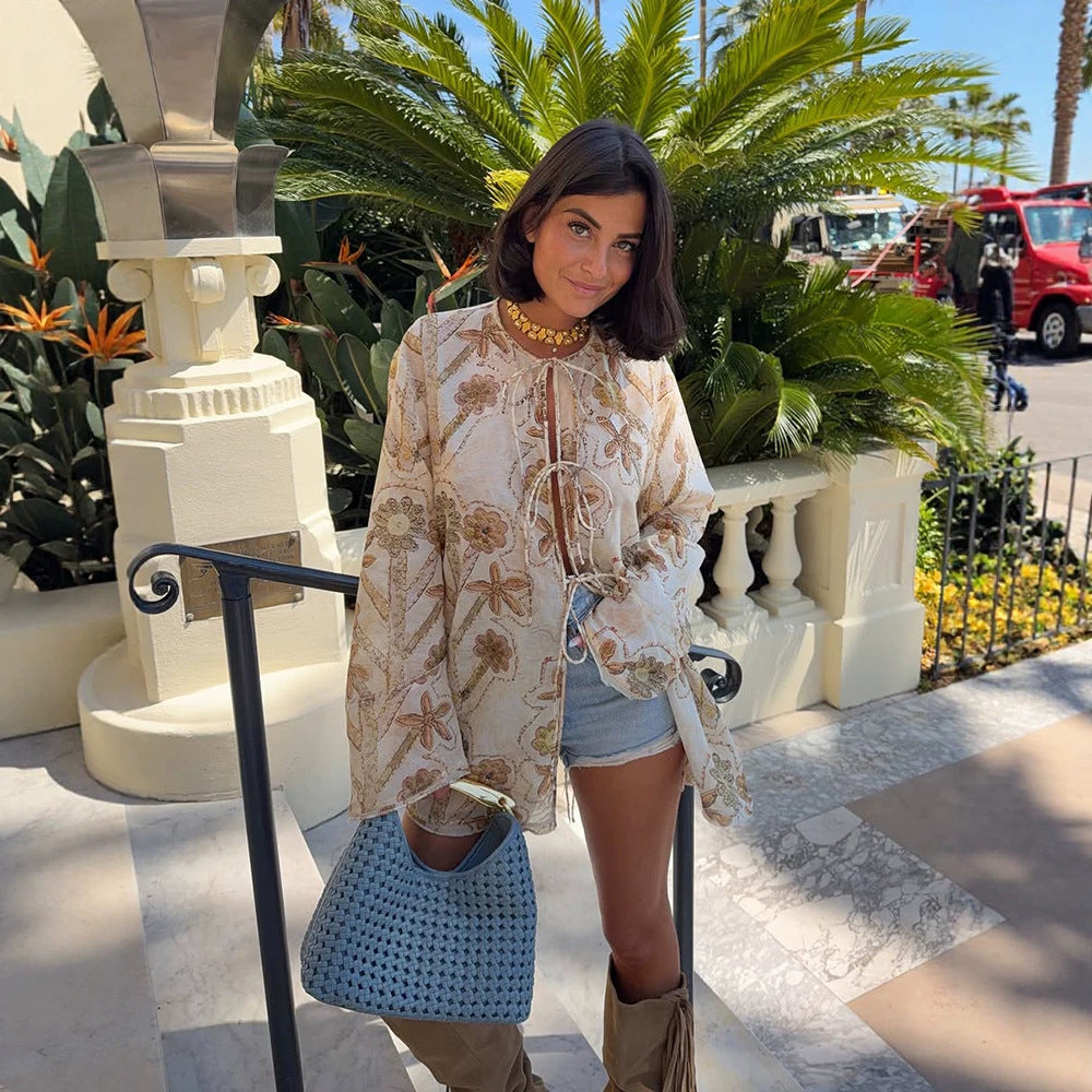 Women's Embroidered Linen Tunic Jacket with Drawstring, Volume Sleeves & Loose Silhouette Amarae
