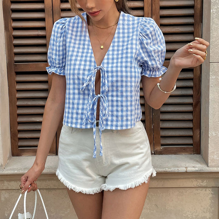 Short checkered top with puff sleeves for women with tie detail Lune London