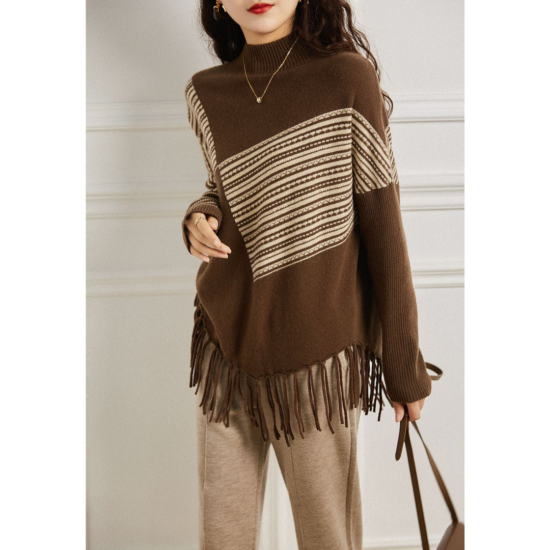 Pull surdimensionné pour femmes avec motif rayé graphique et franges Chic & Stil