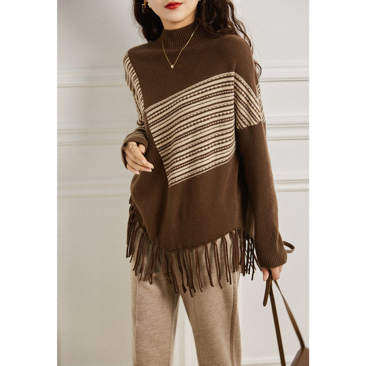 Pull en maille pour femmes avec motif géométrique et franges