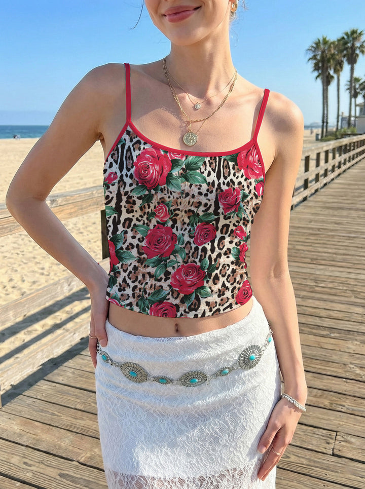 Women's casual floral top with fine spaghetti straps and elastic cut Lune London