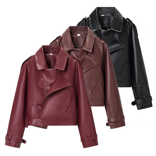 Veste en simili cuir pour femme au style biker moderne avec col asymétrique et ceinture à la taille Chic & Stil