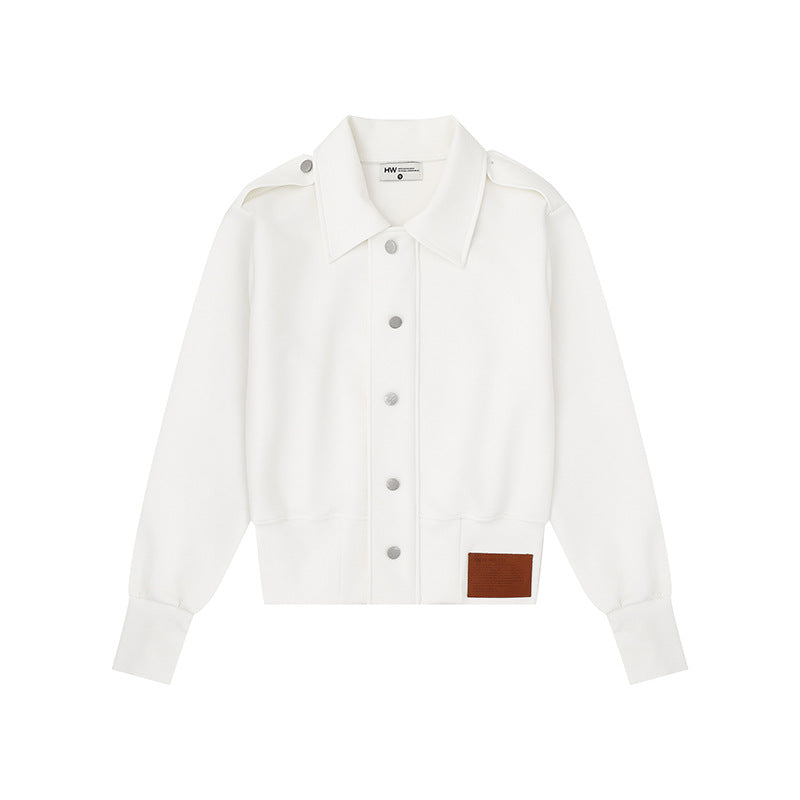 Women's Short Cut Sweat Jacket with Shirt Collar Epaulettes and Leather Patch Amarae