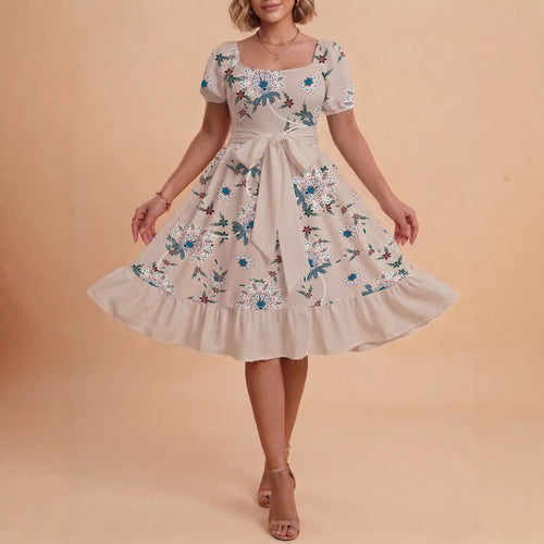Women's floral dress with adjustable belt and voluminous sleeves Amarae