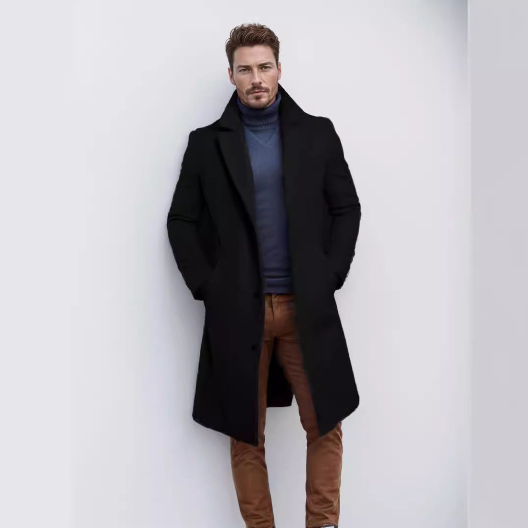 Elegant long coat for men with a textured premium material and practical pockets Amarae