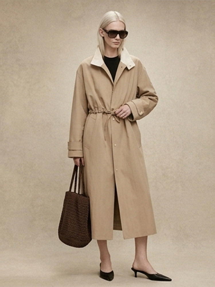 Women Tailored Coat in Trenchcoat Style with Drawstring Waist and Contrast Collar Amarae