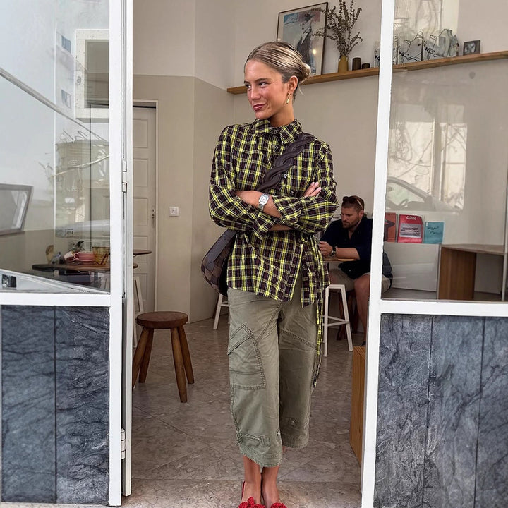 Ladies Checked Shirt Blouse with Drawstring Waist and Loose Fit Amarae
