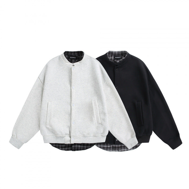 Men's Oversized College-Style Sweat Jacket with Concealed Snap Button Placket and Checked Lining Amarae