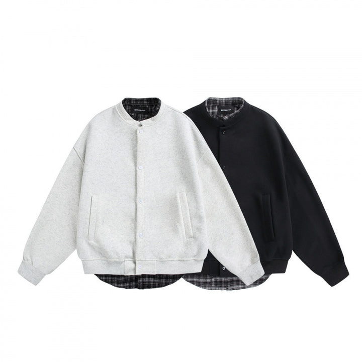 Men's Oversized College-Style Sweat Jacket with Concealed Snap Button Placket and Checked Lining Amarae