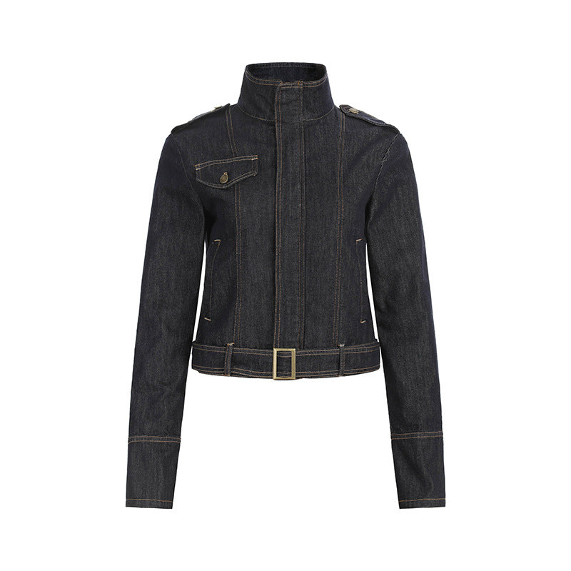 Women's tailored denim jacket with high stand-up collar, waist belt and shoulder patches Amarae