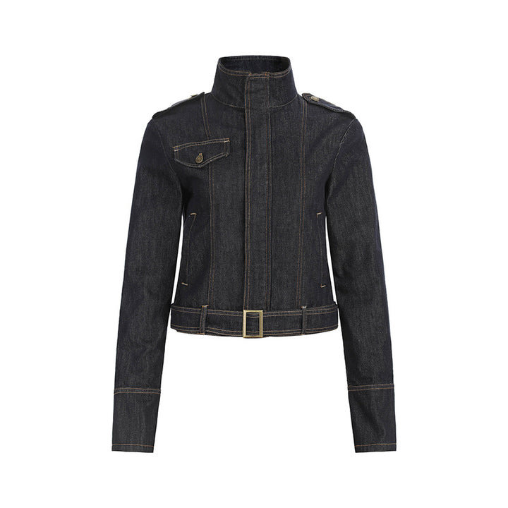 Women's tailored denim jacket with high stand-up collar, waist belt and shoulder patches Amarae
