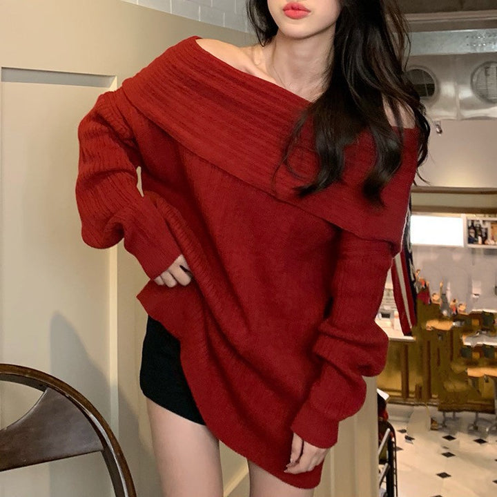 Pull surdimensionné pour femmes avec un design décontracté à épaule dénudée et une fine structure côtelée Chic & Stil