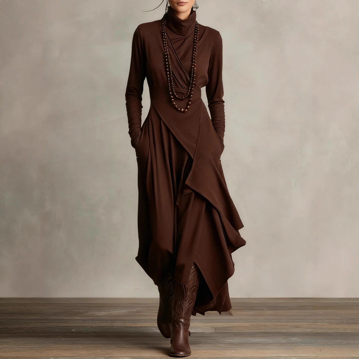 Women's Elegant Maxi Dress with Draped Top and Asymmetrical Cut Lune London
