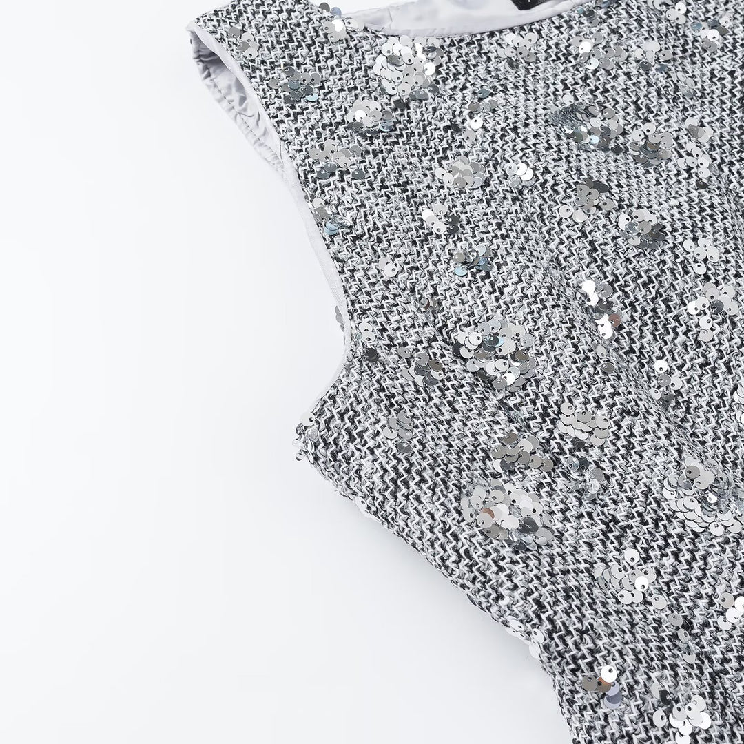 Women's Sequin-Embellished Sleeveless Peplum Top with Textured Boucle Look Amarae