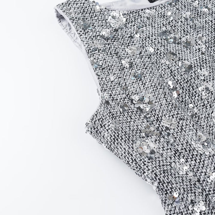 Women's Sequin-Embellished Sleeveless Peplum Top with Textured Boucle Look Amarae